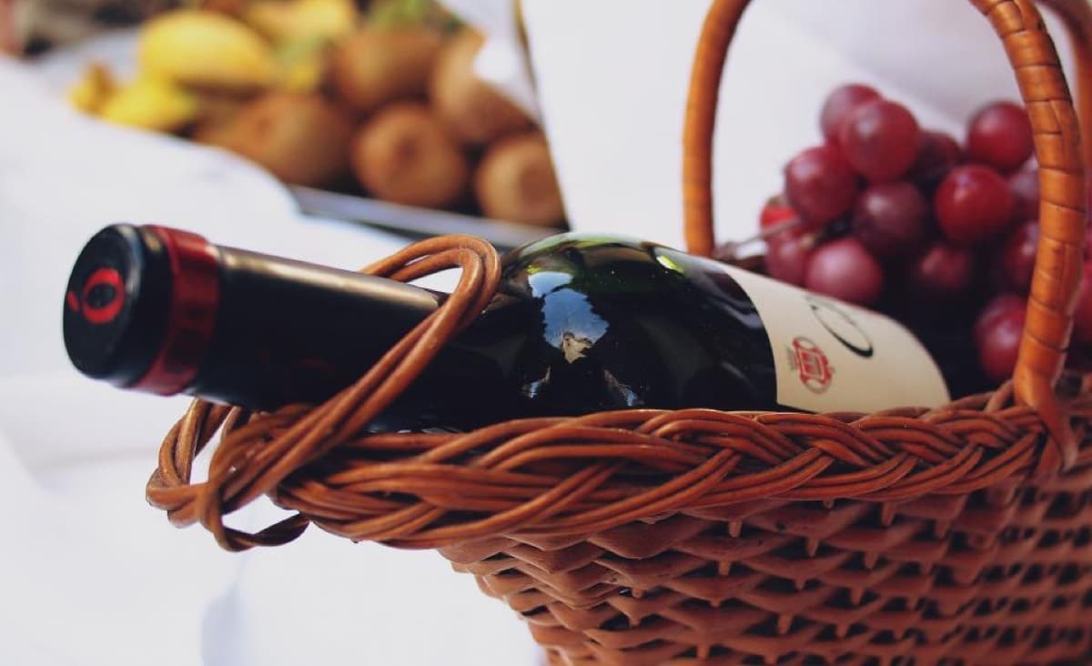 Cesto da picnic con vino e uva