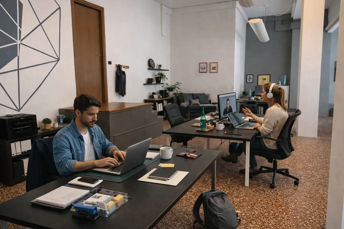 Postazioni coworking Voler.ai a Verona — professionisti al lavoro con scrivanie dedicate e monitor
